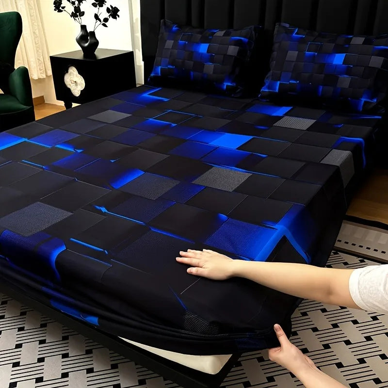 3pcs Cool Technology Digital Printing Material Plaid Fitted Sheet deep pockets