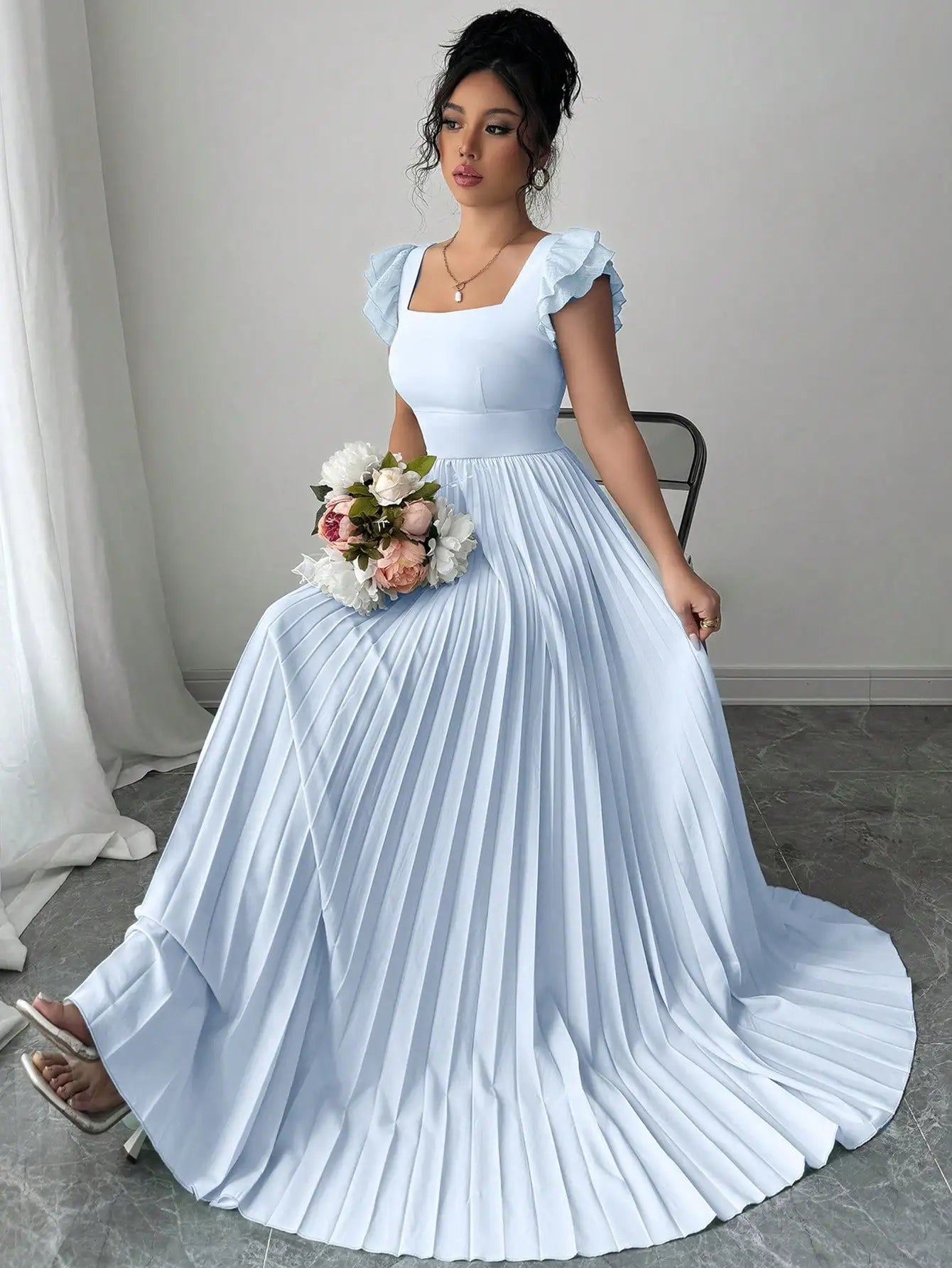 Elegant Mint Green Square Neck Ruffled Sleeve Pleated Maxi Dress