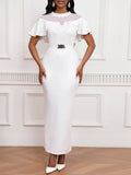 Fashion Elastic Banquet Elegant Dress with Beaded Tulle Shawl Sleeves, Belted, Slim-Fitting, and Pencil Long Skirt