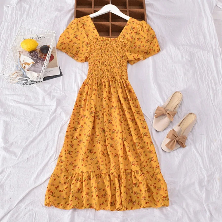 retro square collar floral waist slimming flounce splicing dress