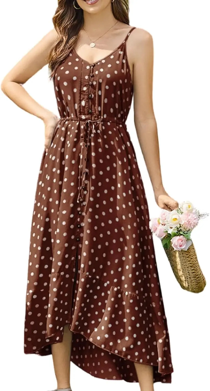 Boho SundrPolka Dot Spaghetti Strap V Neck Flowy Midi Dresses