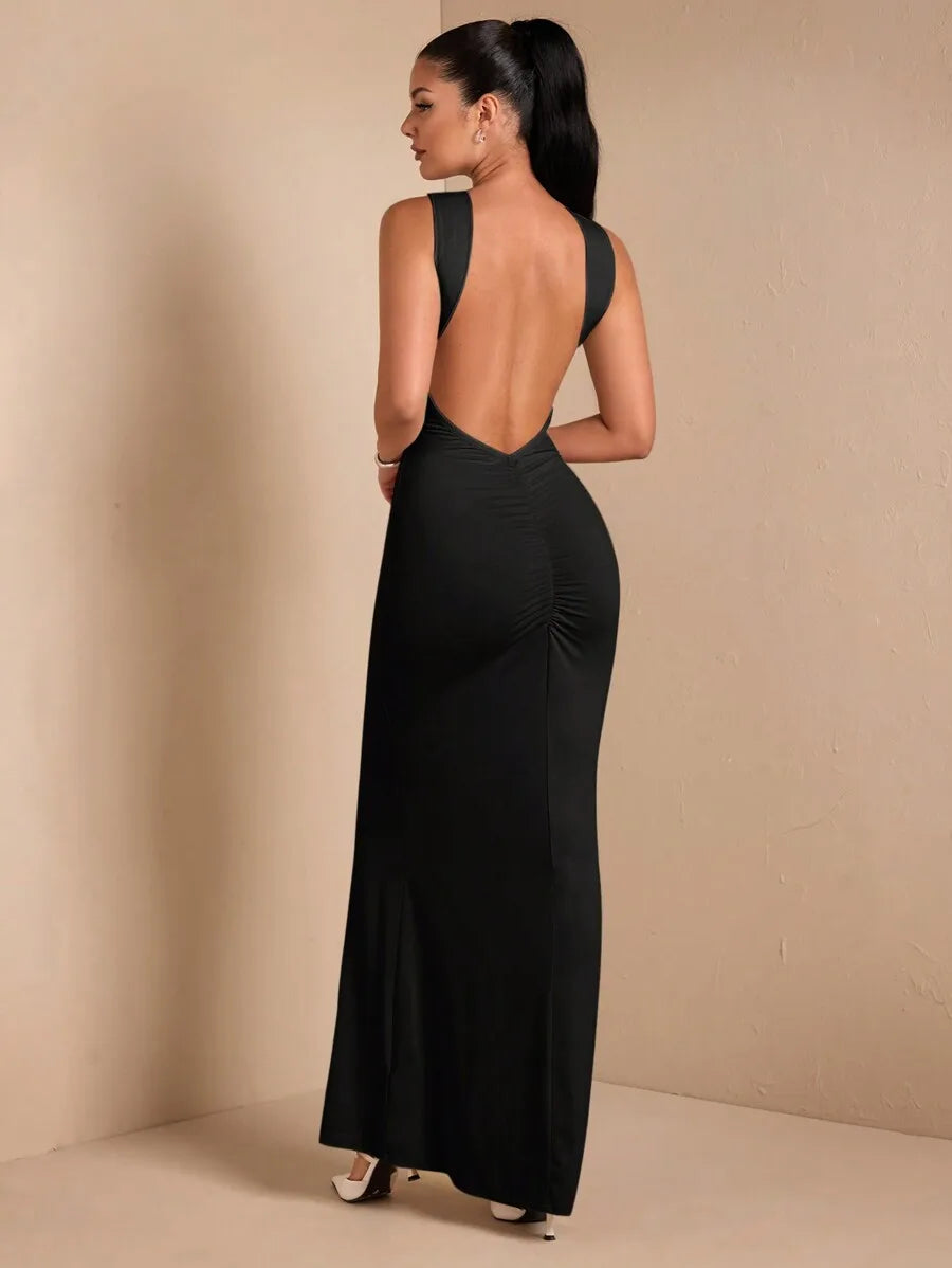 Cream Backless Sleeveless Maxi Dress with Ruched Detail for Evening Events