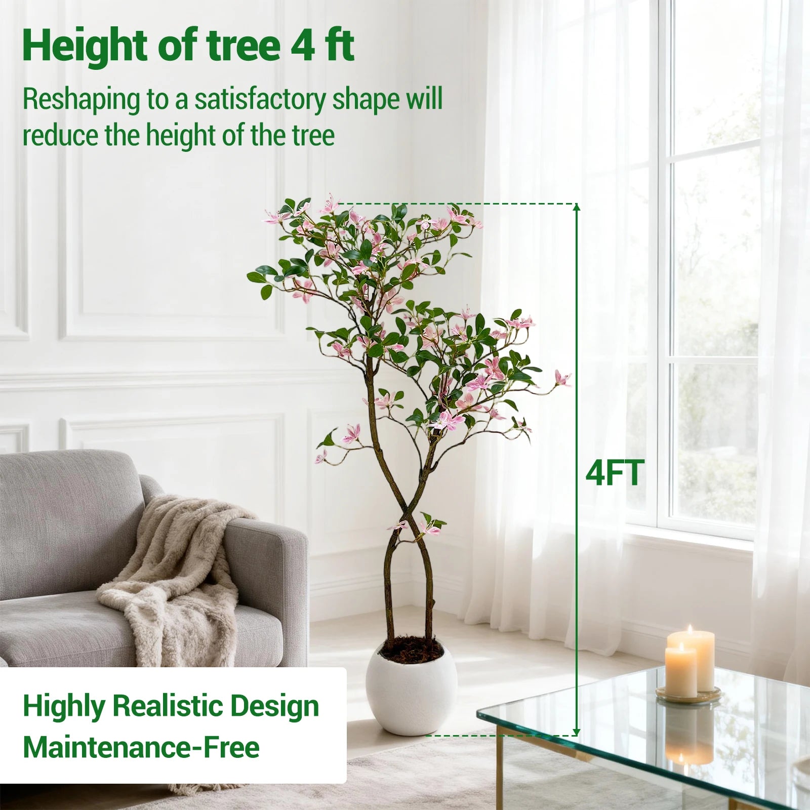 Realistic Pink Blossom Faux Tree with UV-Resistant Leaves