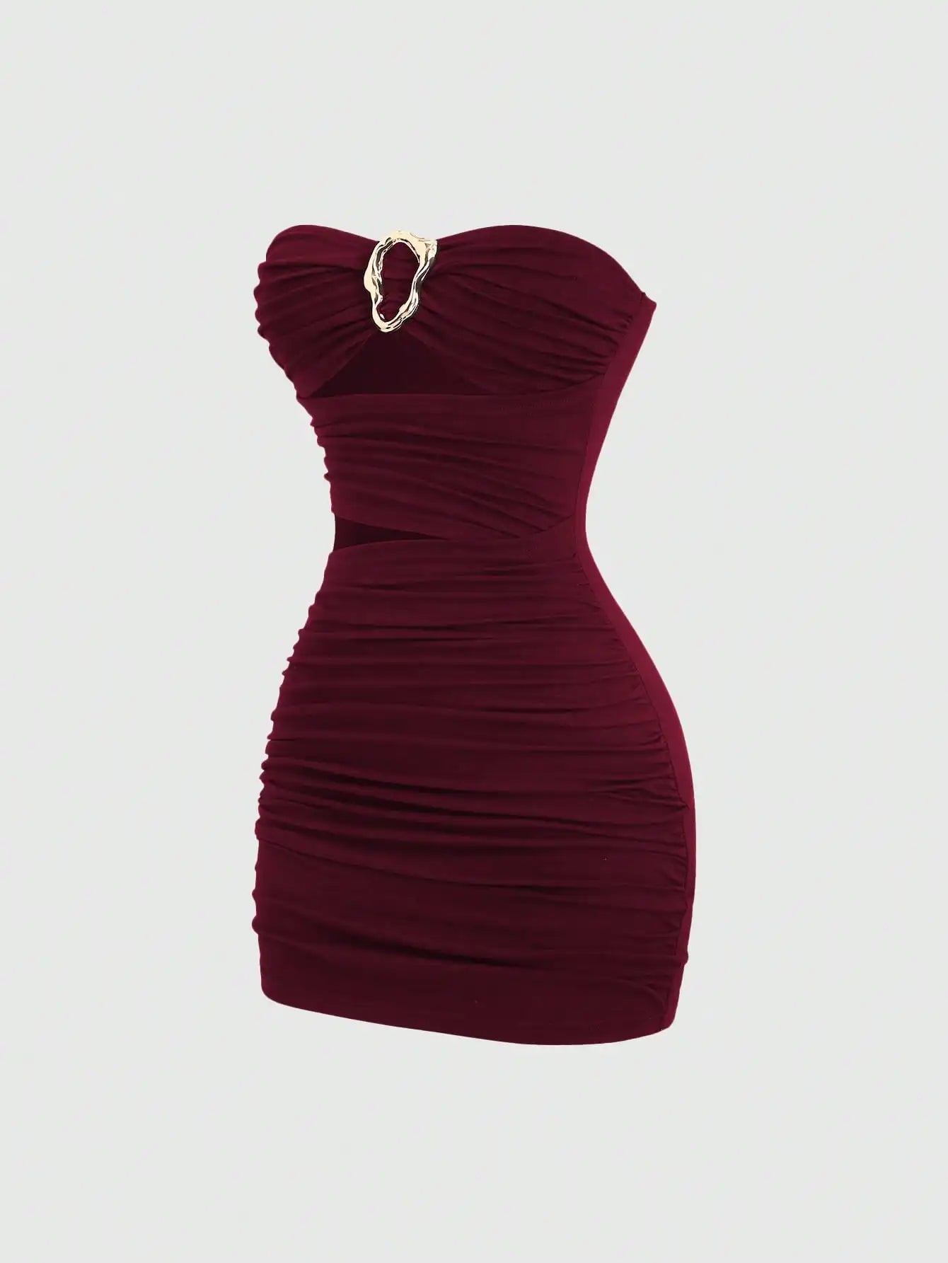 Ruched Strapless Mini Dress With Cutout Waist And Ornamental Metal Ring