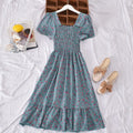 retro square collar floral waist slimming flounce splicing dress