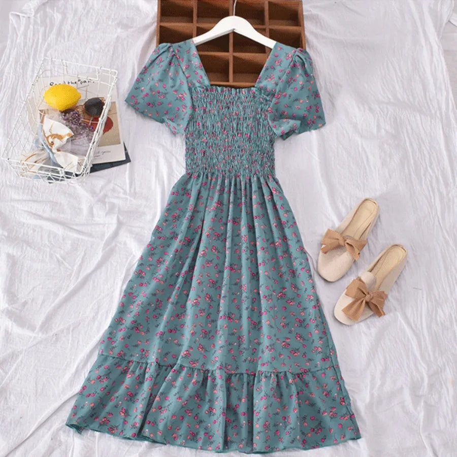 retro square collar floral waist slimming flounce splicing dress