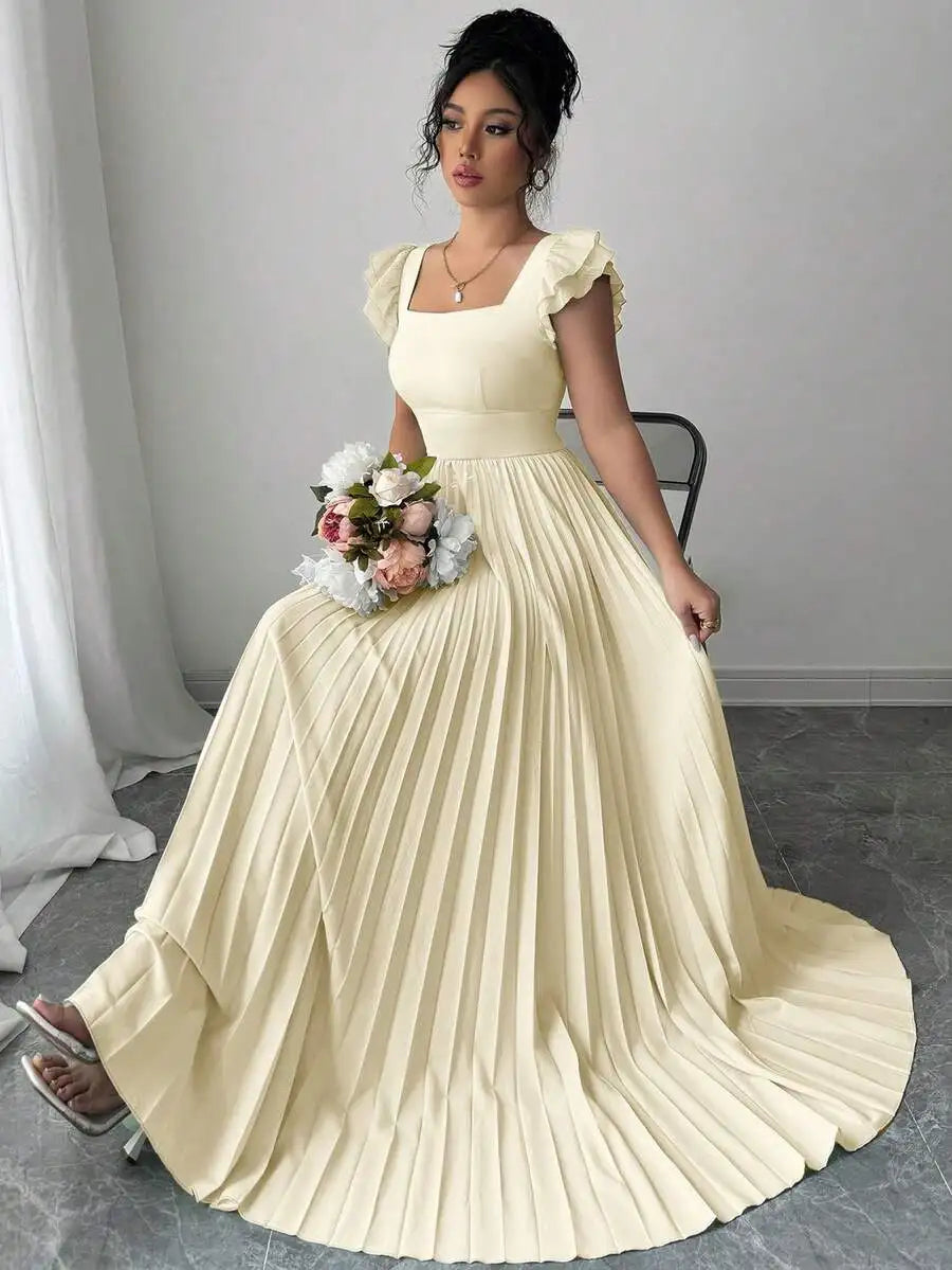 Elegant Mint Green Square Neck Ruffled Sleeve Pleated Maxi Dress
