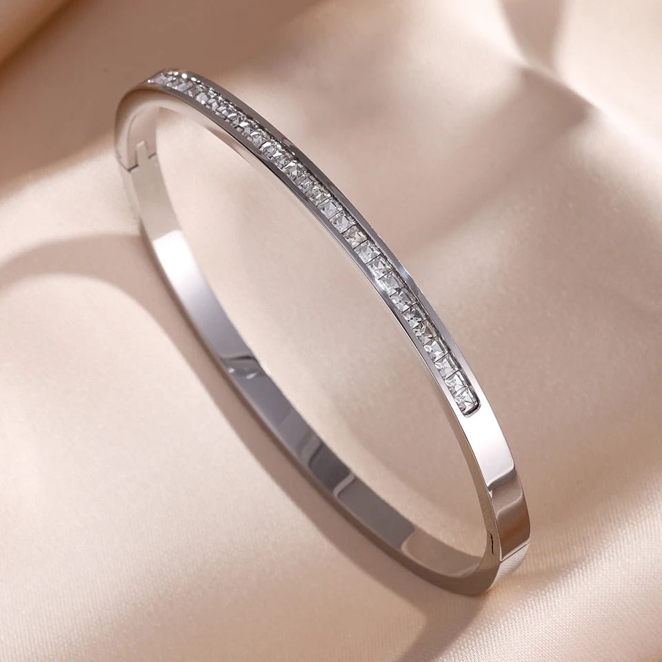 ZAKOL 5/1pcs Sparkling Zirconia Inlaid Stainless Steel Bracelet Set for Women Stackable Bangles Fashion Non Fading