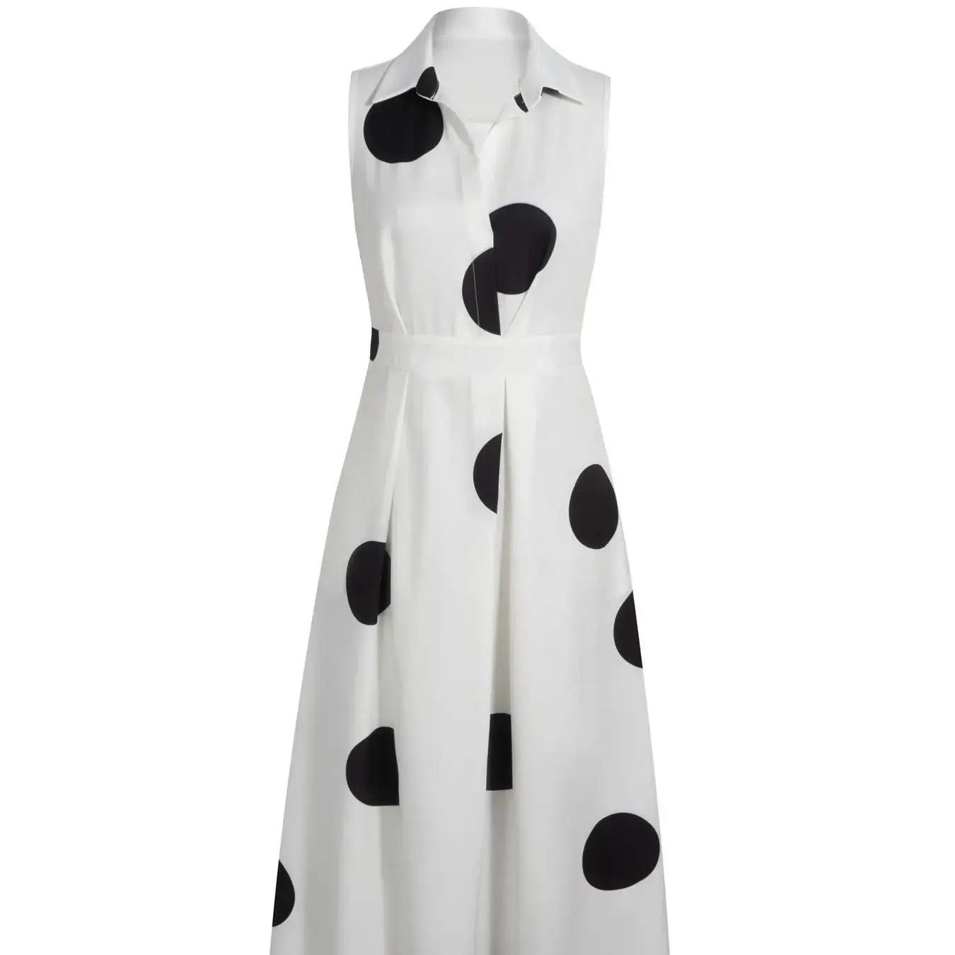 White Black Big Polka Dot Sleeveless Shirt Collar Cutout Waist Flared Maxi Dress Retro Elegant Style