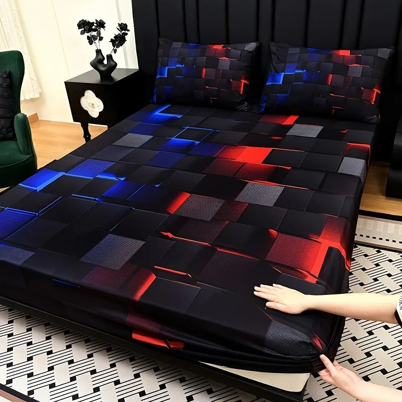 3pcs Cool Technology Digital Printing Material Plaid Fitted Sheet deep pockets