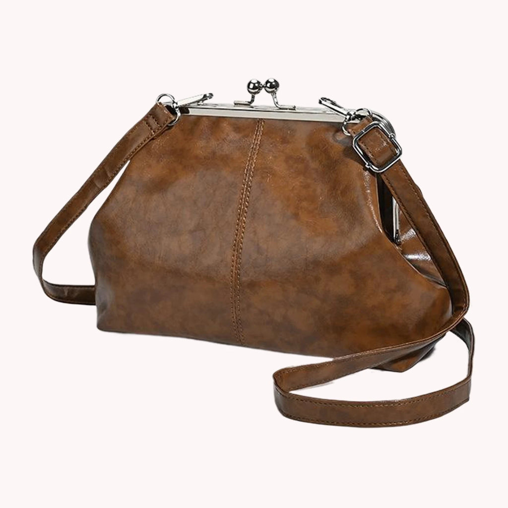 Leather Solid Color Shoulder Bag with Adjustable Strap Elegant Kiss Lock Shoulder Bag