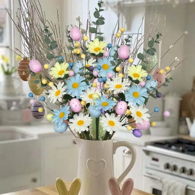 Pastel Easter Artificial Flower Bouquet - Plastic Faux Floral Arrangement with Eggs and Berries