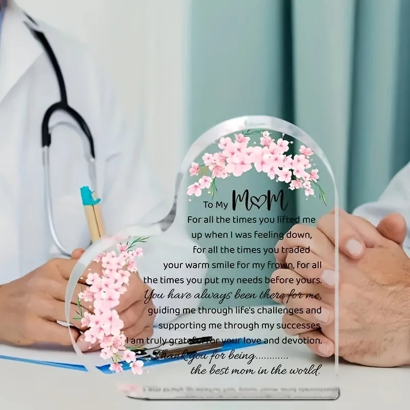 Heart-Shaped Acrylic Mom Appreciation Plaque With Floral Design Elegant Script Text Sentimental Thank You Gift For Mother