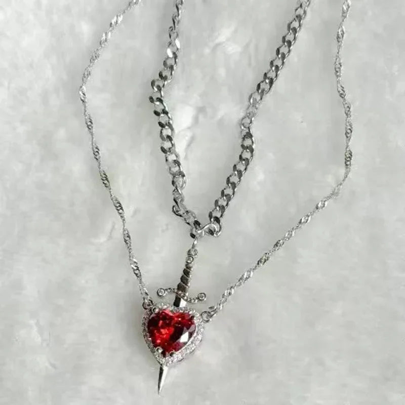 Heart and Sword Zircon Pendant Necklace for Women Men Couple Silver Gold Plated Choker Chain Jewelry