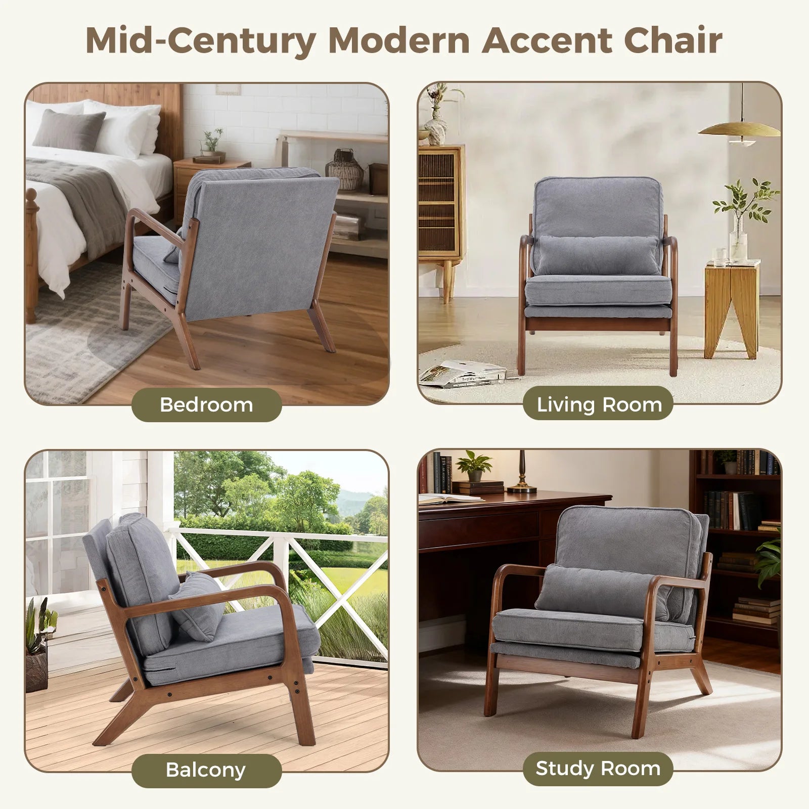 JHK Mid Century Modern Chair Solid Wooden Frame Accent Chair with Arms and Waist Cushion Reading Chairs