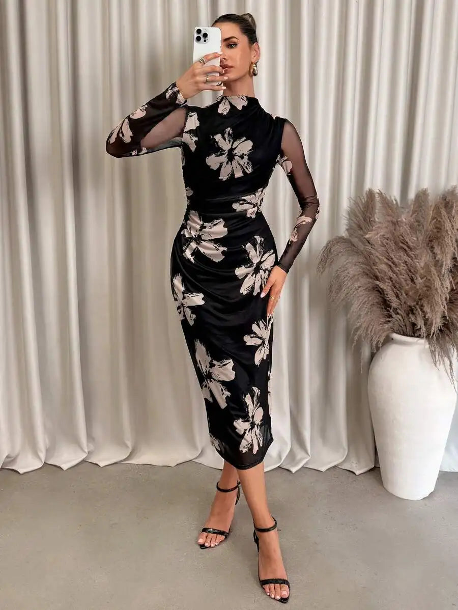 Women's Asymmetrical Ruched Mesh Knit Midi Dress with Gradient Print