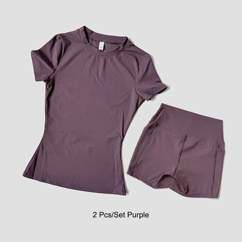 Women's Sports Yoga Set Seamless Knitted Fitness Gym Clothes Sportswear Short Sleeve Crop Top