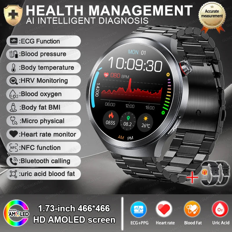 New For Health ECG+PPG Smart Watch Lipids Uric acid Blood Pressure Health 100+Sport HD Bluetooth