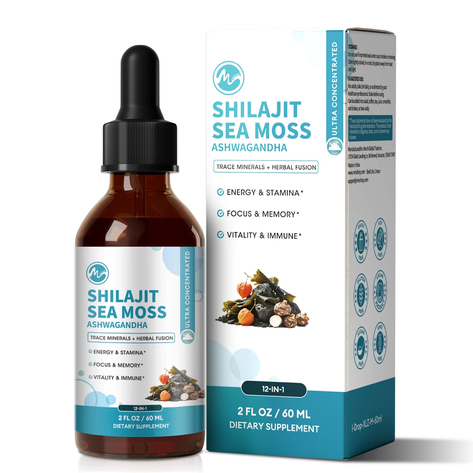 12-in-1 Shilajit Drops with Sea Moss,Ashwagandha,Maca & Ginkgo Biloba Supplement with 85+ Trace Minerals and Fulvic Acid
