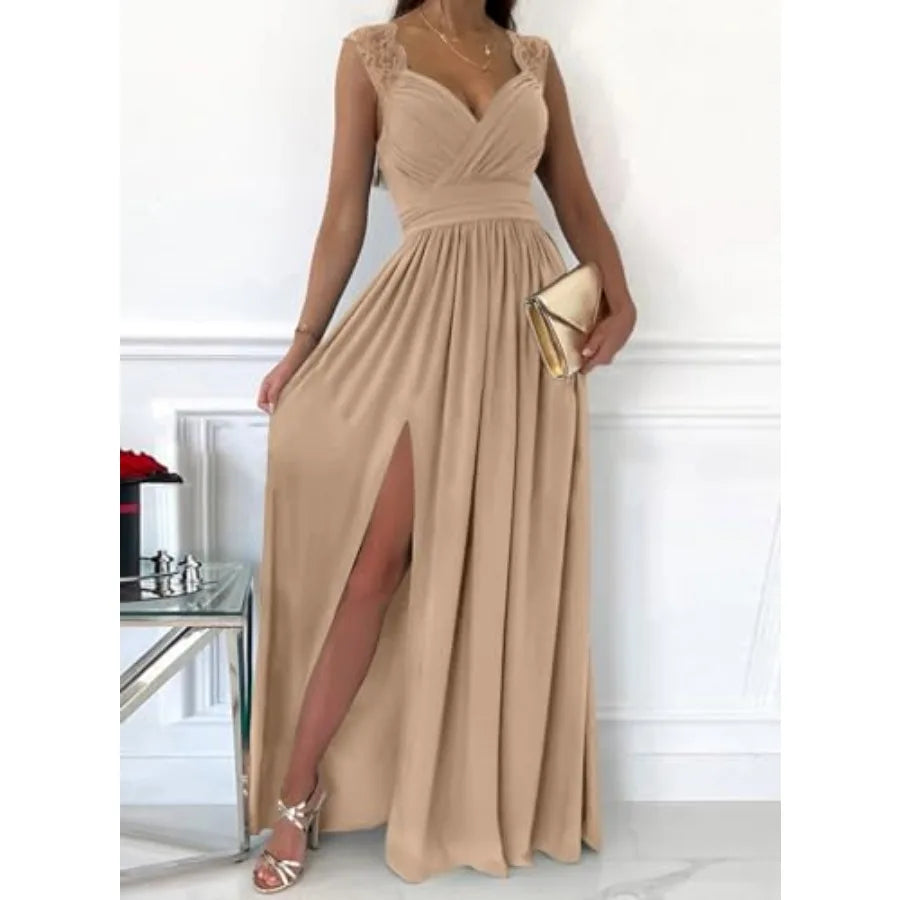 Formal Dresses Wrap V-Neck Ruched Sexy Bridesmaid Wedding Guest Maxi Dresses
