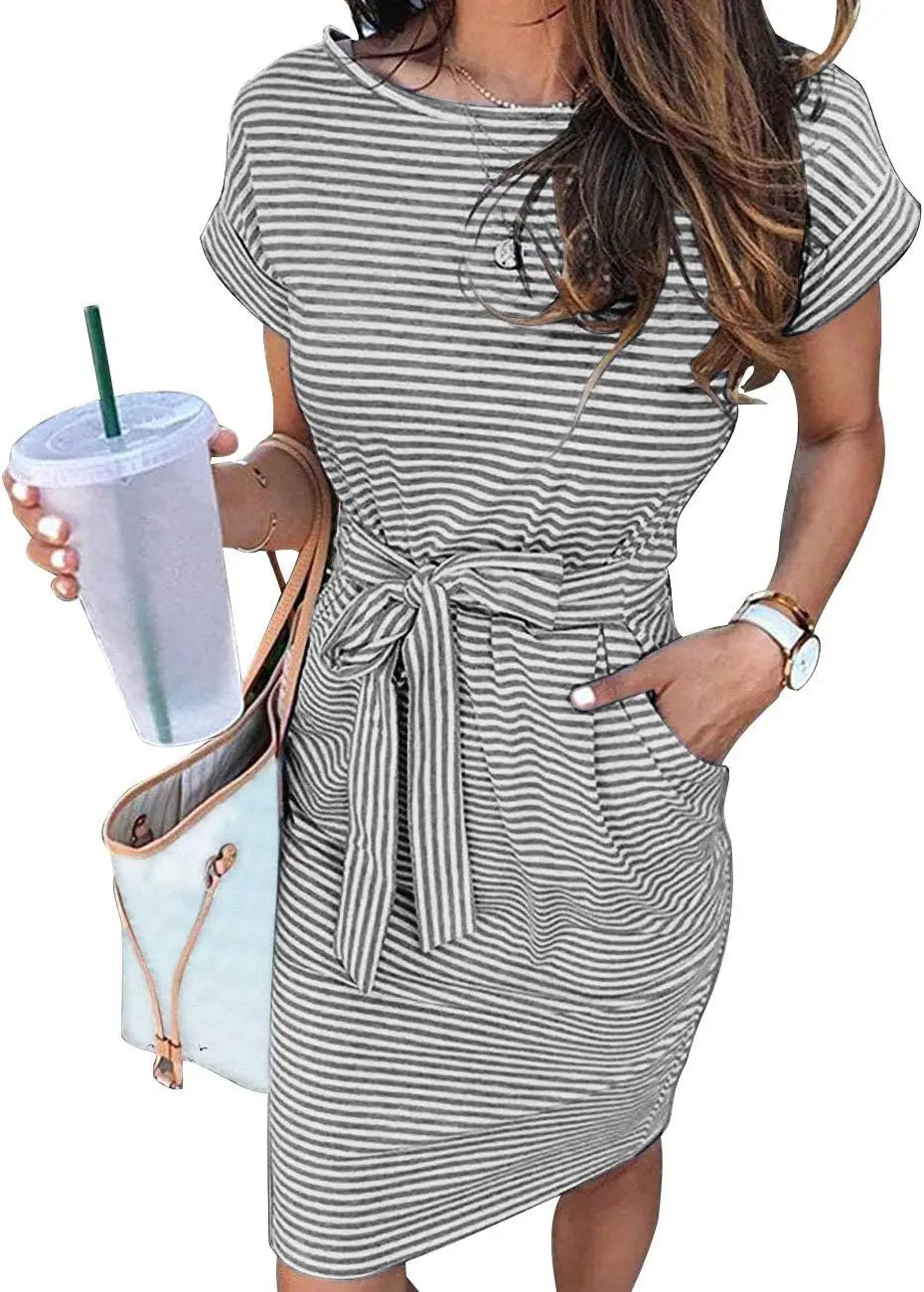 Casual T Shirt DrShort Sleeve Striped Tie Waist Work Vacation Trendy Short Dresses