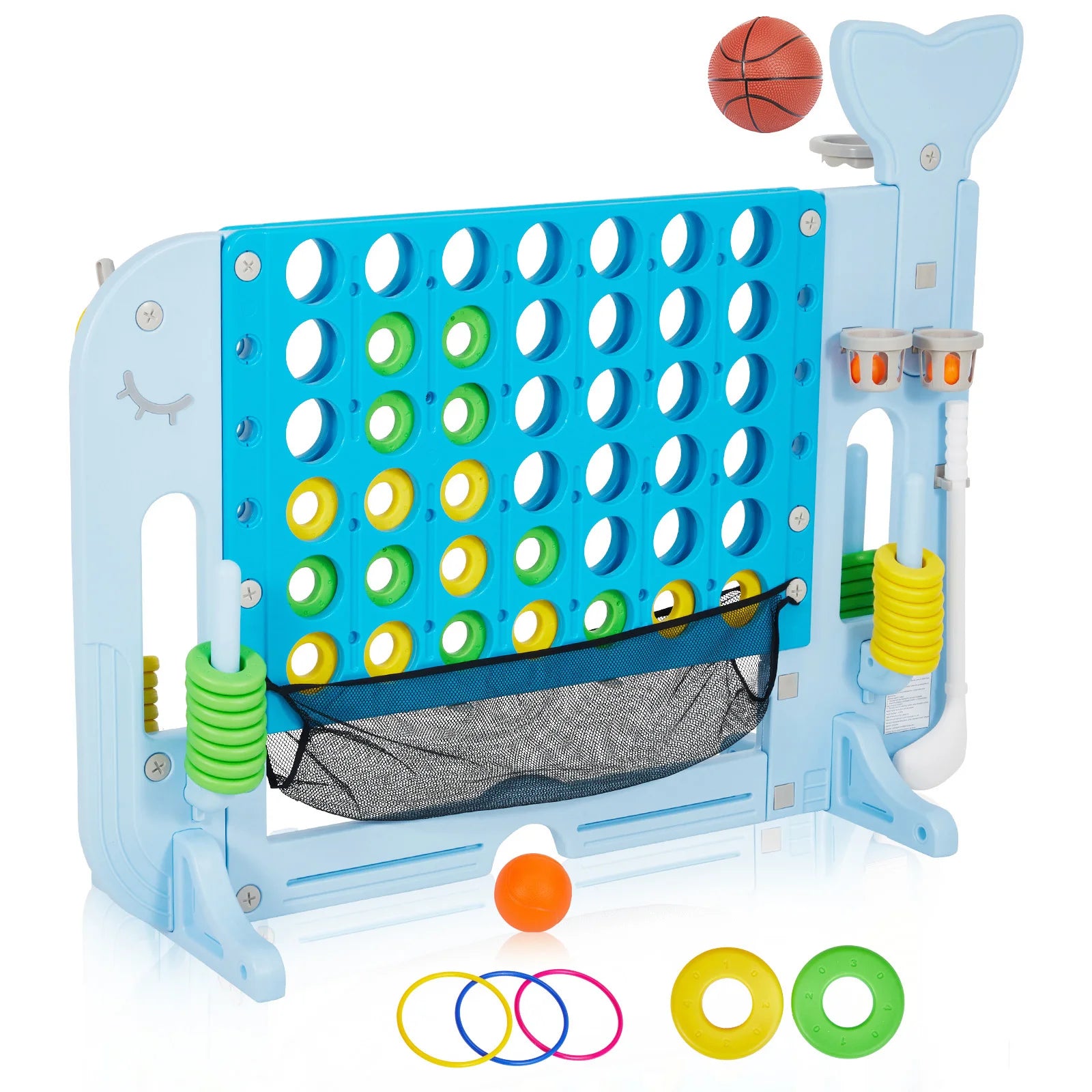 4-in-1 Giant Connect Game Set Adjustable Height, Basketball Hoop, Ring Toss and Net Jumbo Outdoor