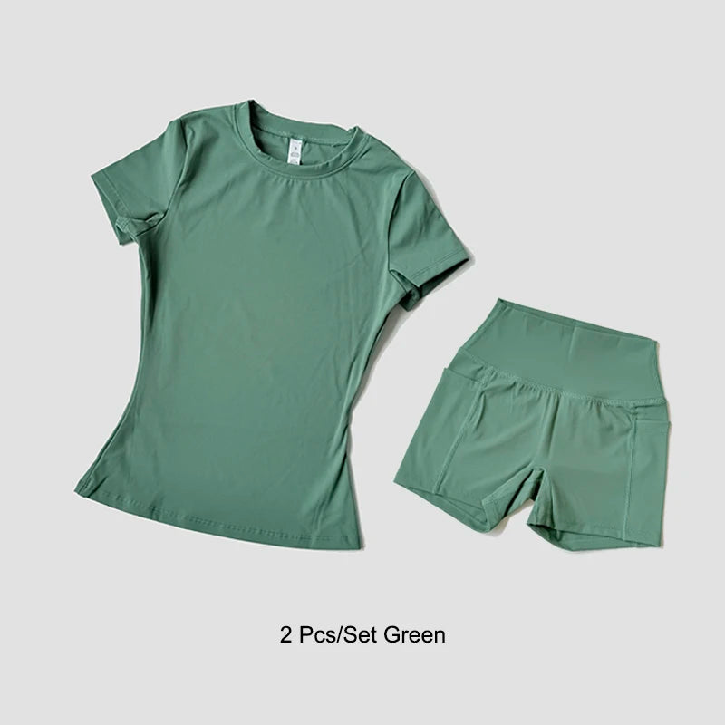 Women's Sports Yoga Set Seamless Knitted Fitness Gym Clothes Sportswear Short Sleeve Crop Top