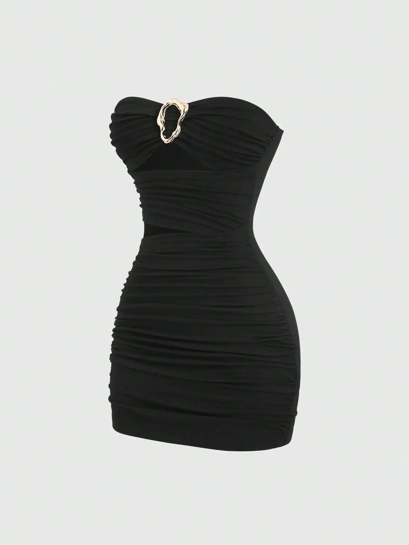 Ruched Strapless Mini Dress With Cutout Waist And Ornamental Metal Ring