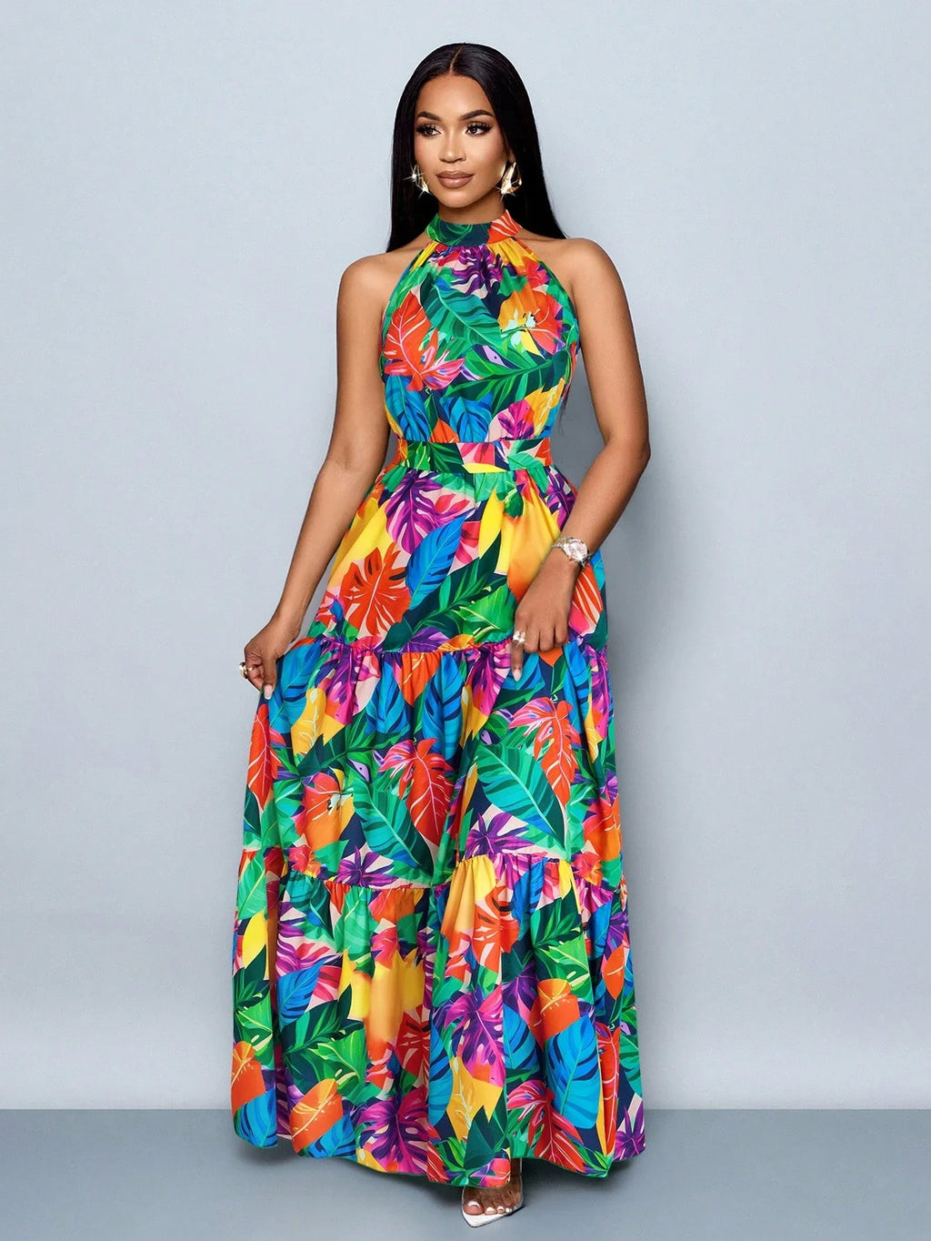Women's Halter Neck Floral Print Tiered Maxi Dress With Belt Flowy Vacation Dress