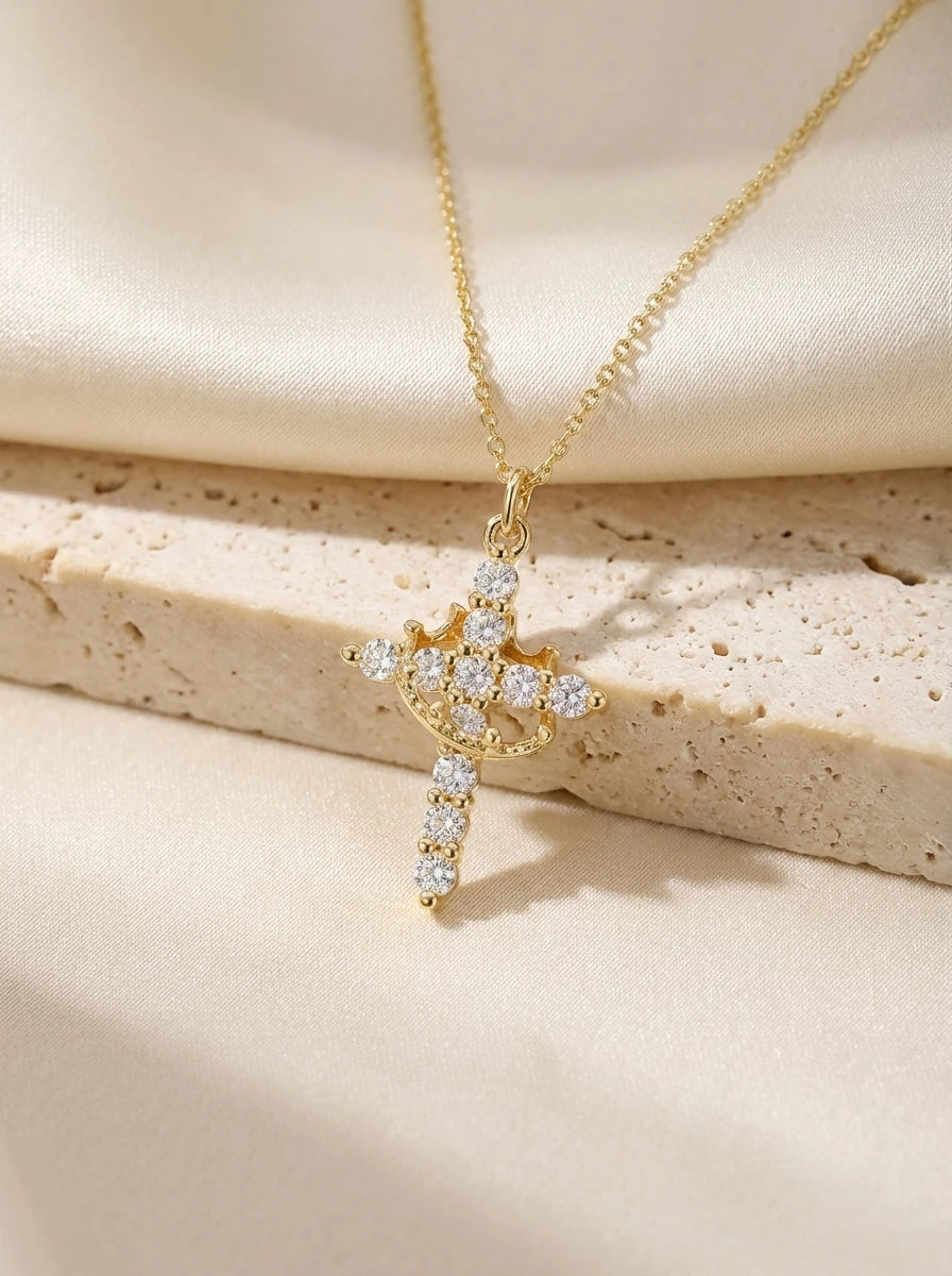 Light Luxury Pave Zircon Cross Necklace | Gold/Silver Dual-Tone | Unique Versatile Daily Jewelry