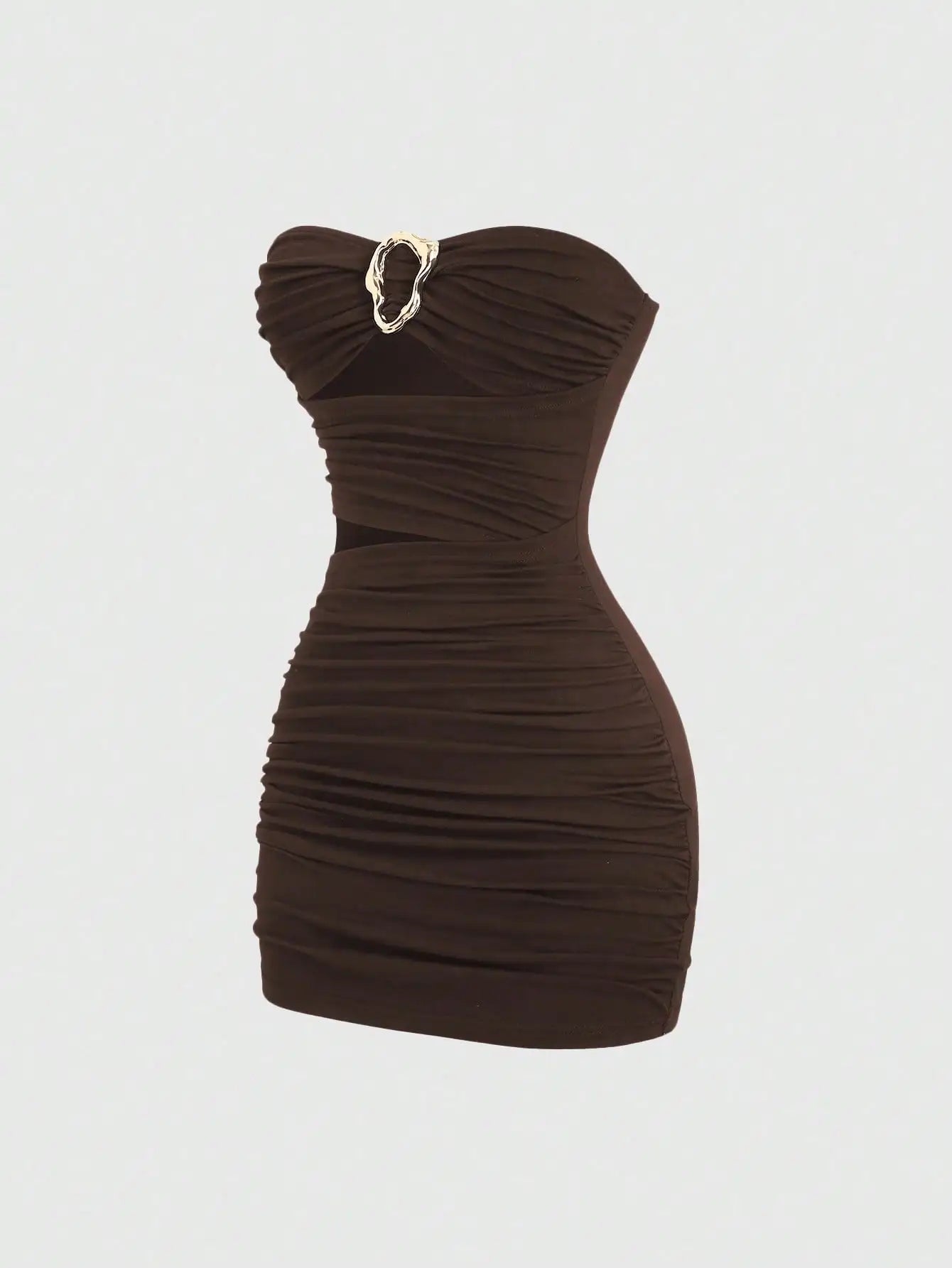Ruched Strapless Mini Dress With Cutout Waist And Ornamental Metal Ring