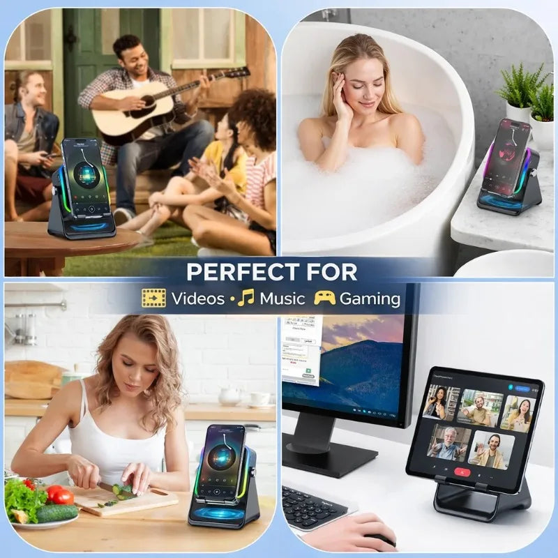 Magnetic Induction Speaker Phone Stand Wireless Bluetooth Phone Holder Amplifier Portable Desk Speaker RGB Light
