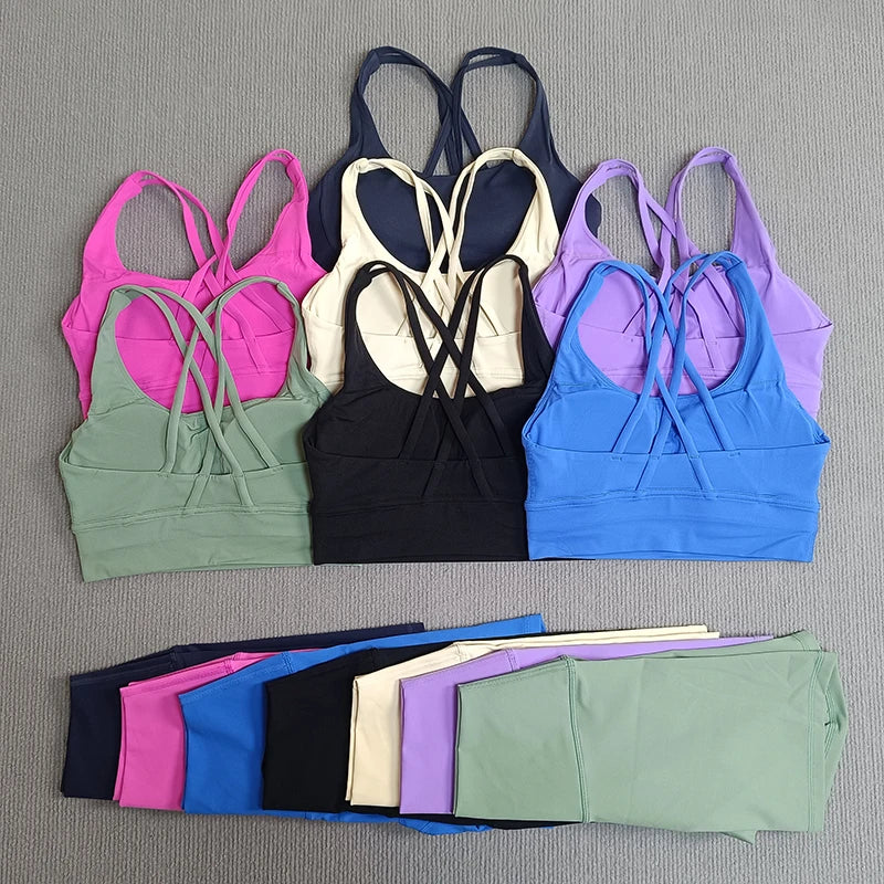 2-Piece Yoga Set Tights Shorts For Woman Cross Back Bra Top + High Waist Shorts Fitness Running Workout Tracksuit