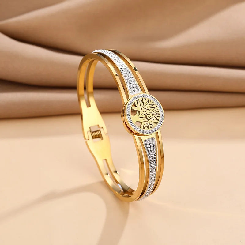 Hollow Tree Bracelet Full CZ Round  Stainless Steel Color-preserving Jewelry