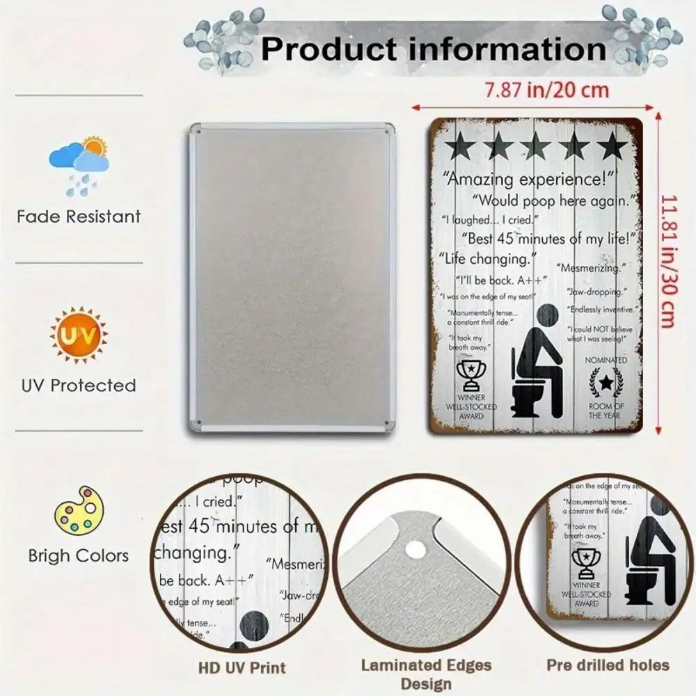 1PC Tin Sign 5-Star Bathroom - Funny Toilet Review For Bathroom/Game Room, 8x12 Inches/20x30 Cm