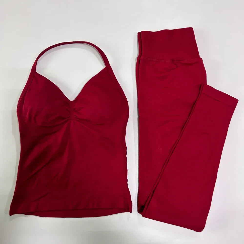 No Logo Seamless Gym Set Women Tank Tops High Waist Yoga Leggings Fitness Clothes Workout Sets Gym Suit Activewear