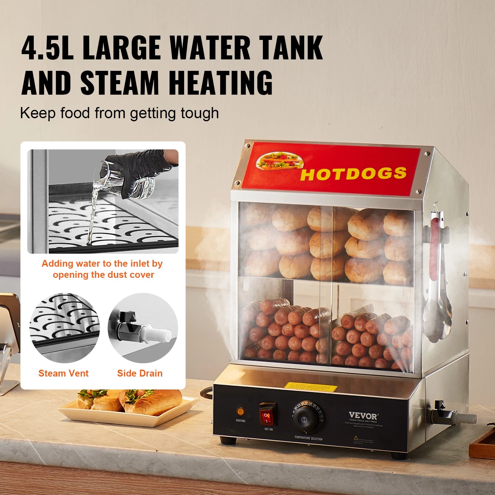 SucceBuy 27/37L 2Tiers Hot Dog Steamer with Temperature Control Stainless Steel Electric