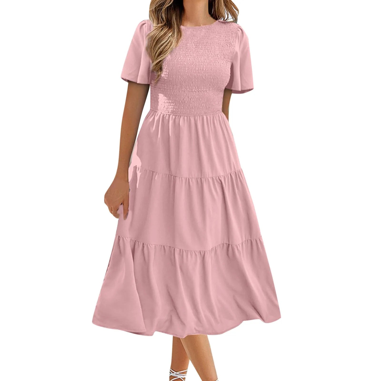 Flutter Short Sleeve V Neck Smocked Elastic Waist Tiered Midi Dress