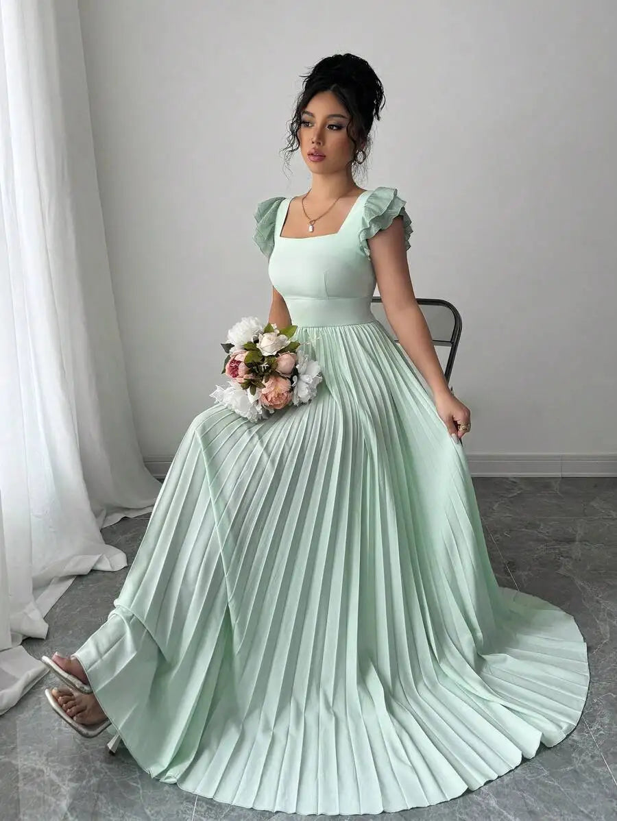 Elegant Mint Green Square Neck Ruffled Sleeve Pleated Maxi Dress