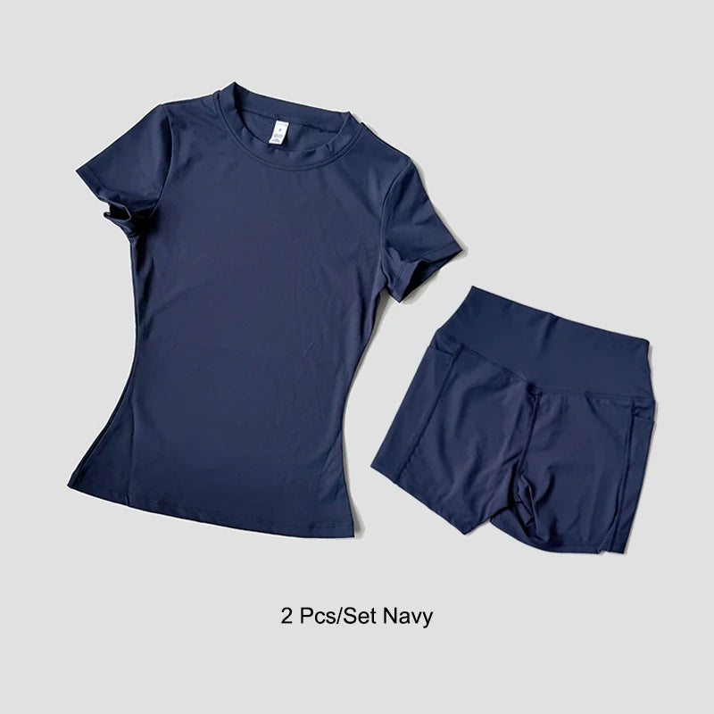 Women's Sports Yoga Set Seamless Knitted Fitness Gym Clothes Sportswear Short Sleeve Crop Top