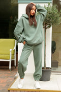 Women Fleece Two Piece Sets Elegant Solid Color Oversized Warm Hoodies and Long Pant