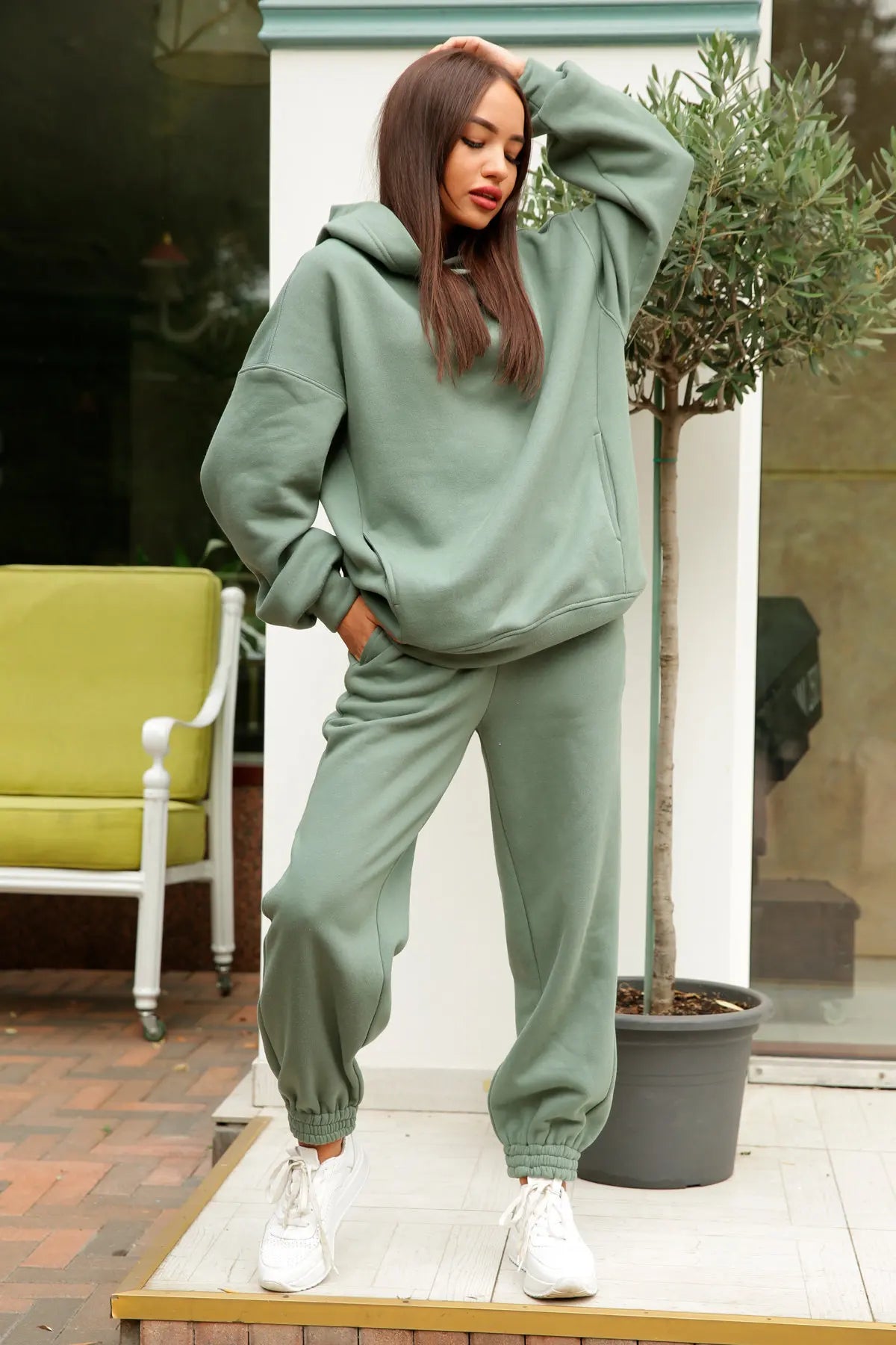 Women Fleece Two Piece Sets Elegant Solid Color Oversized Warm Hoodies and Long Pant