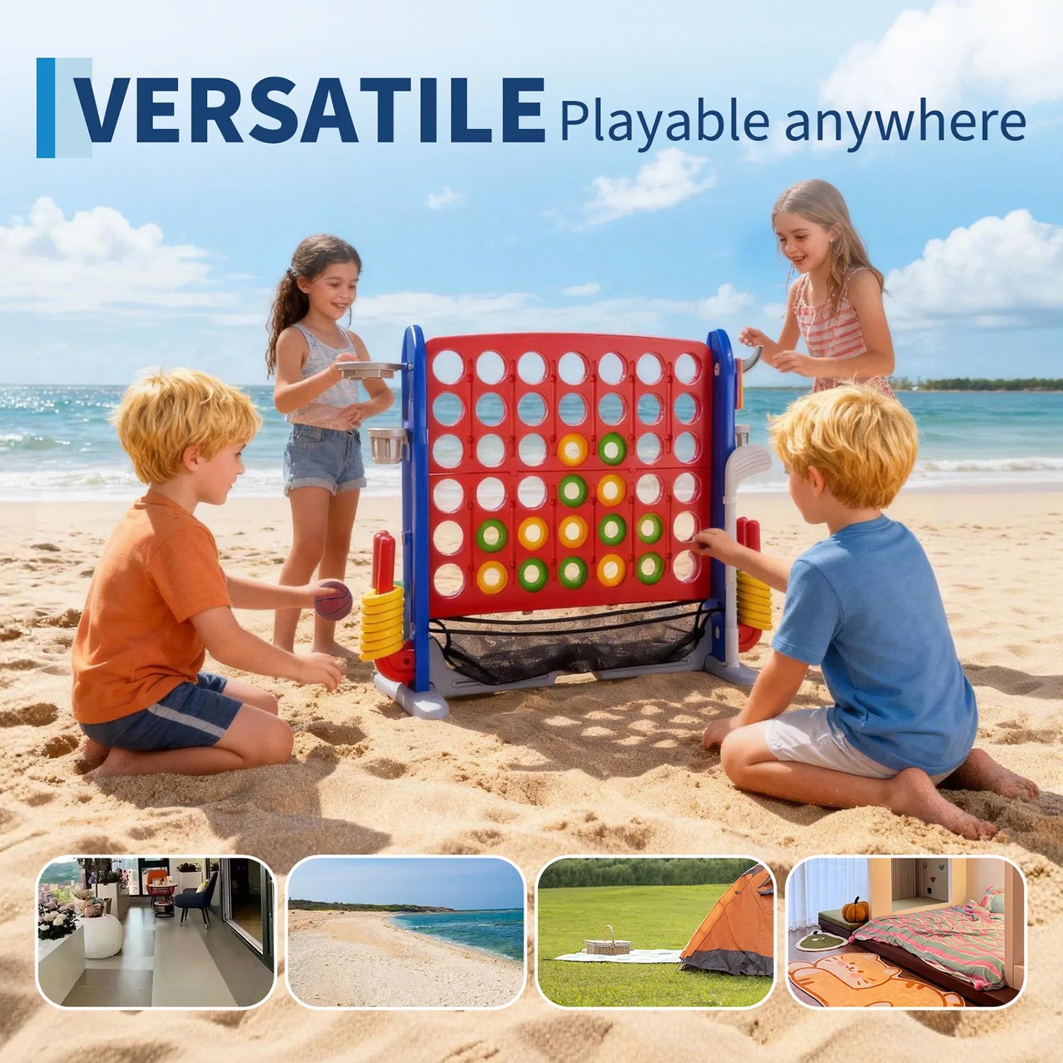 4-in-1 Giant Connect Game Set Adjustable Height, Basketball Hoop, Ring Toss and Net Jumbo Outdoor