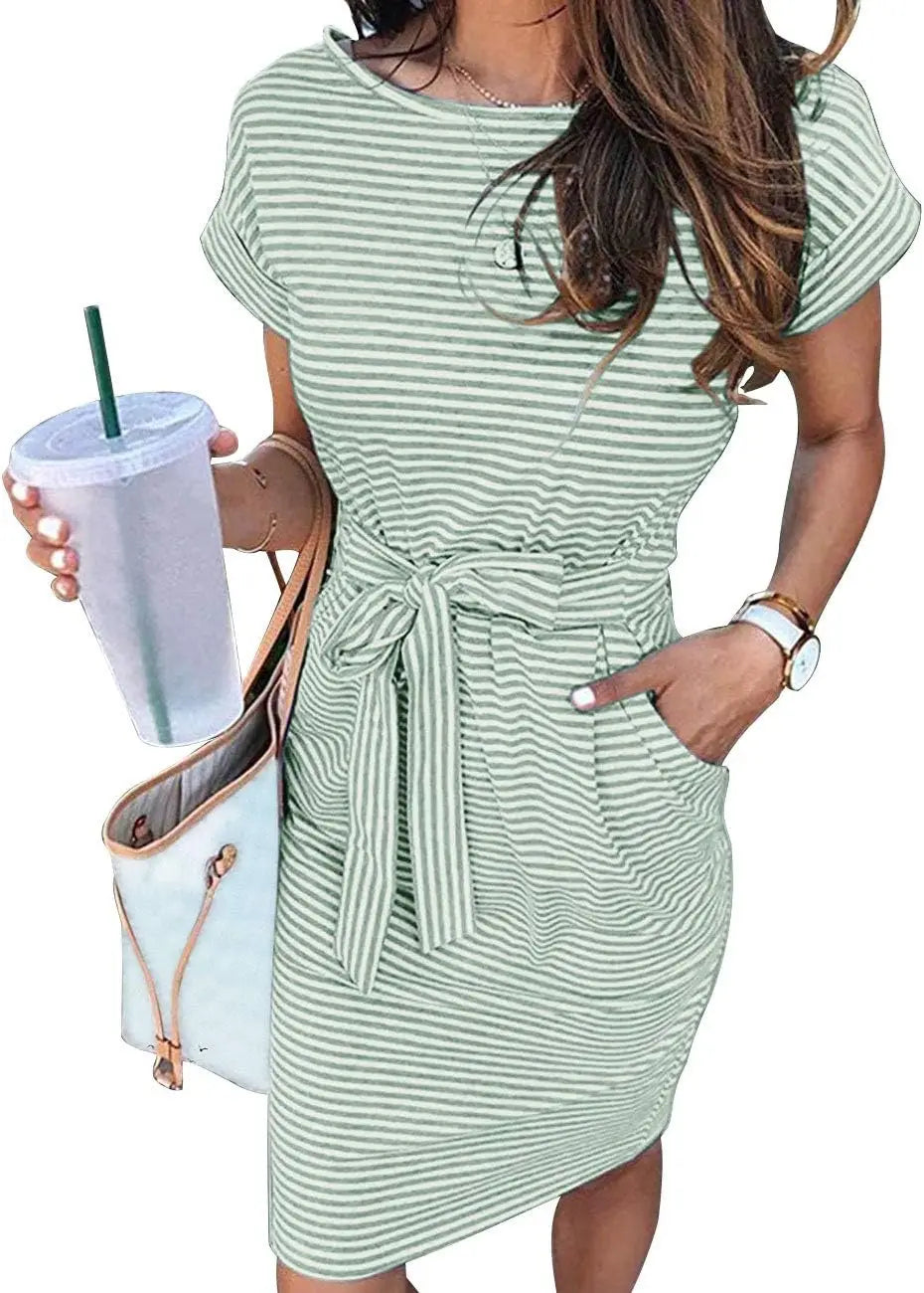 Casual T Shirt DrShort Sleeve Striped Tie Waist Work Vacation Trendy Short Dresses