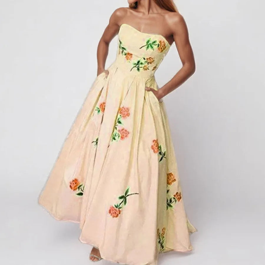 Sleeveless printed dress elegant high-waisted tube top dress long dress