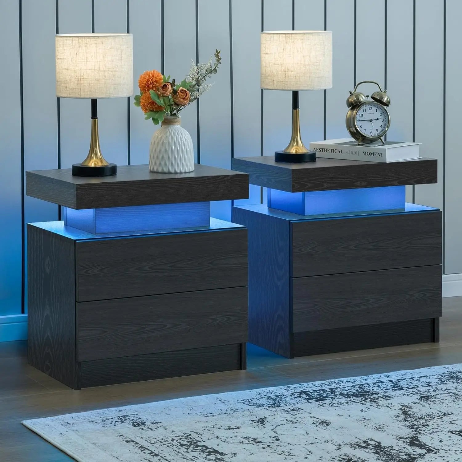 Nightstand Set of 2 LED Nightstand with 2 Drawers,Night Stand Set 2 with LED Light