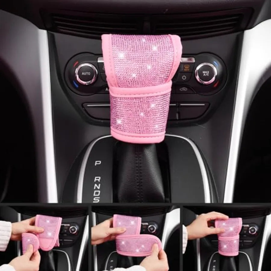 24 PCS Pink Bling Diamond Accessories Set for Women Leather Seat Covers 15'' Steering Wheel Cover Shining Rhinestone