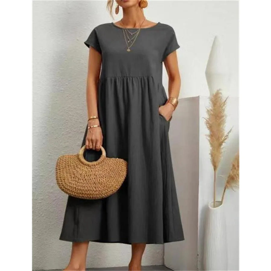 solid color sleeveless loose linen pocket women's dress in stock