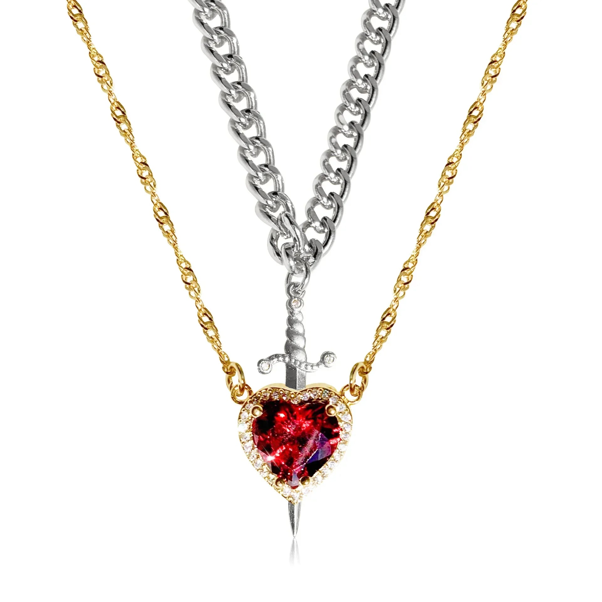 Heart and Sword Zircon Pendant Necklace for Women Men Couple Silver Gold Plated Choker Chain Jewelry