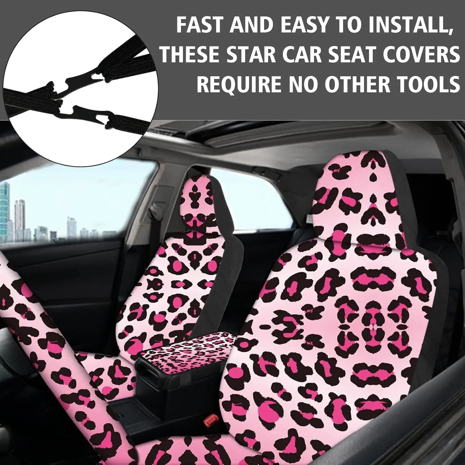 15 PCS Pink Leopard Print Car Seat Cover Set with Steering Wheel, Console, and Accessories for SUV